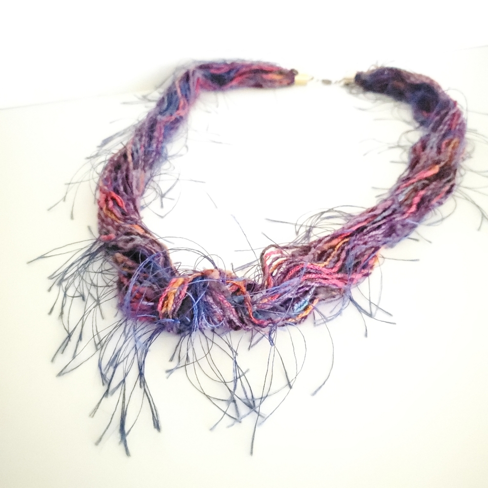 Boho Vintage 90's Purple Fiber Art Necklace